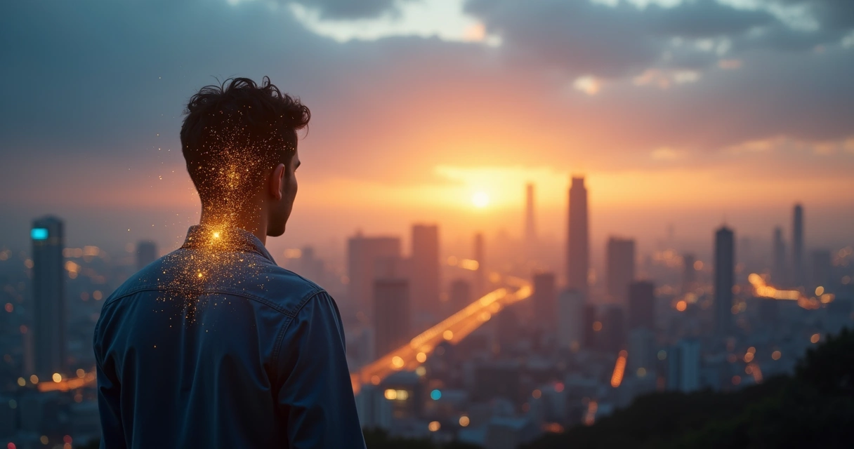 Human silhouette radiating light connected to a cityscape with subtle value symbols 