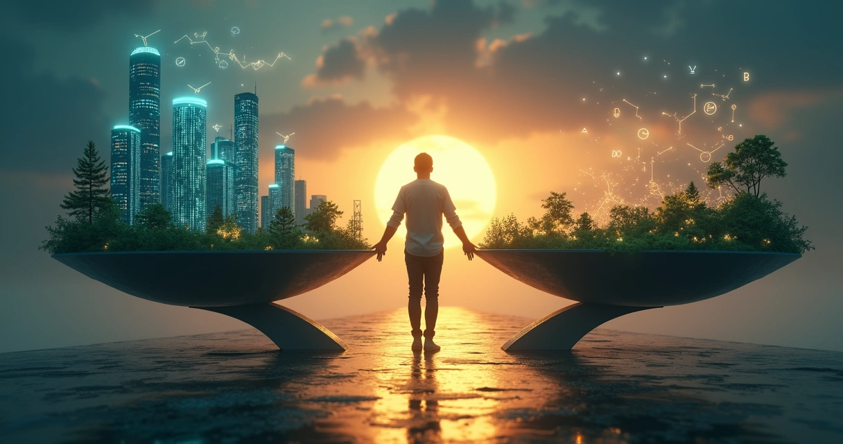 Human silhouette balancing city skyline and thriving nature in glowing scales 