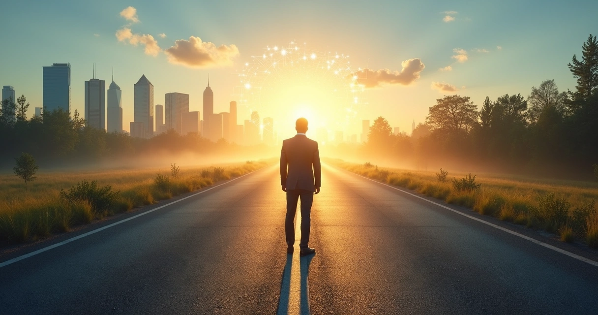 Businessperson on split road choosing between strategy and inner light 