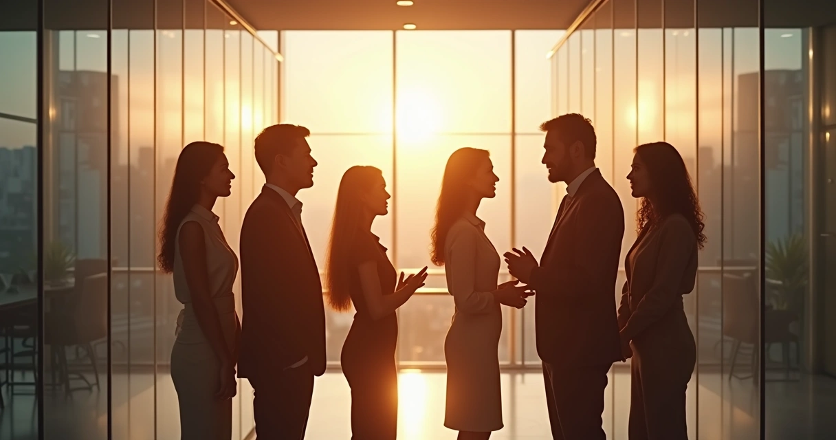 Colleagues in discussion with layered light effects symbolizing consciousness 