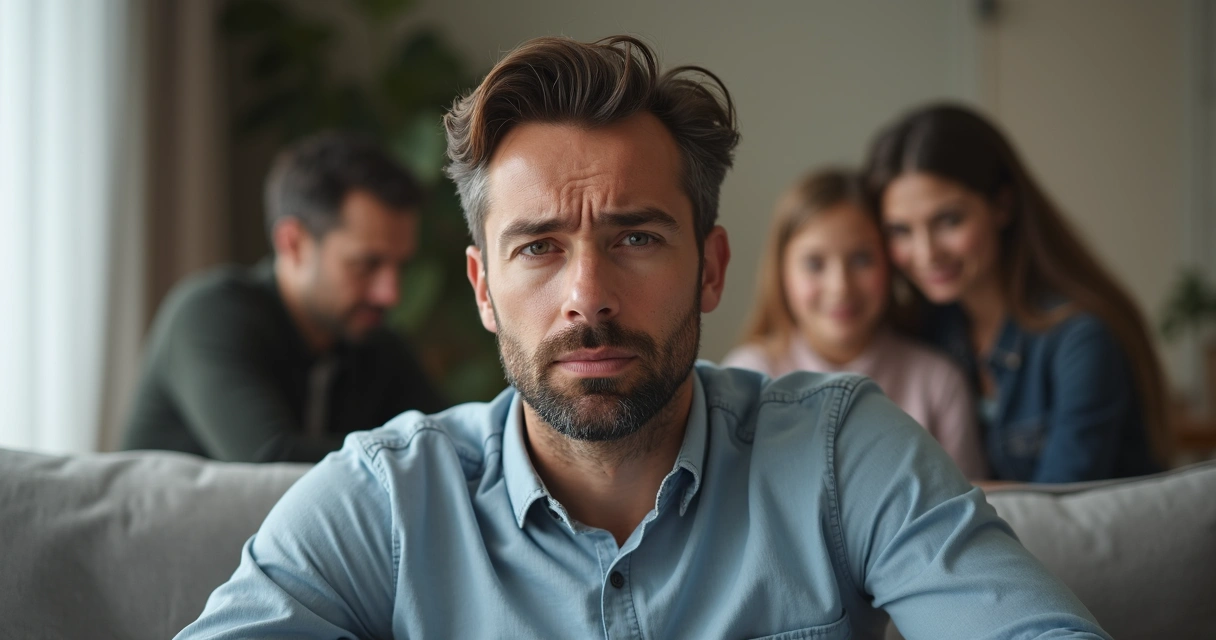 Hombre con gesto de preocupación y fondo familiar desenfocado 