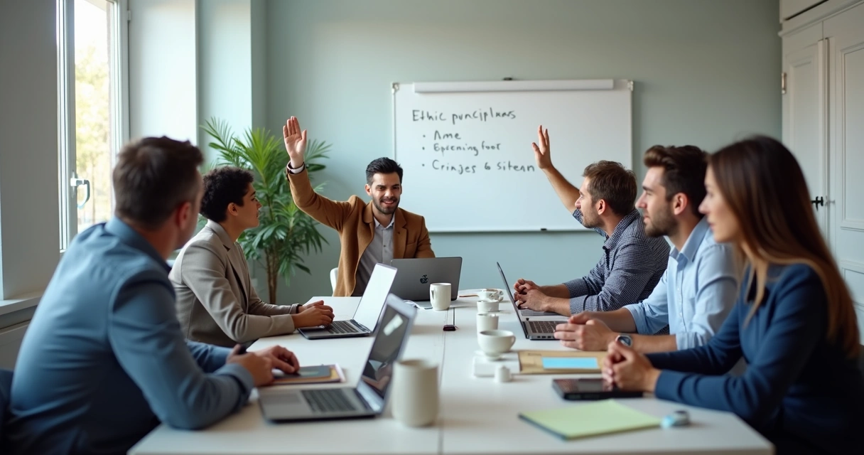 Grupo diverso de profesionales en una sala debatiendo sobre ética