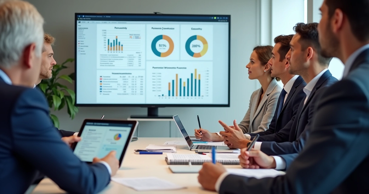 Conselho do condomínio analisando relatórios financeiros em tela 