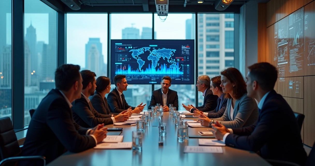 Reunião de conselho consultivo em escritório moderno com tecnologia em destaque