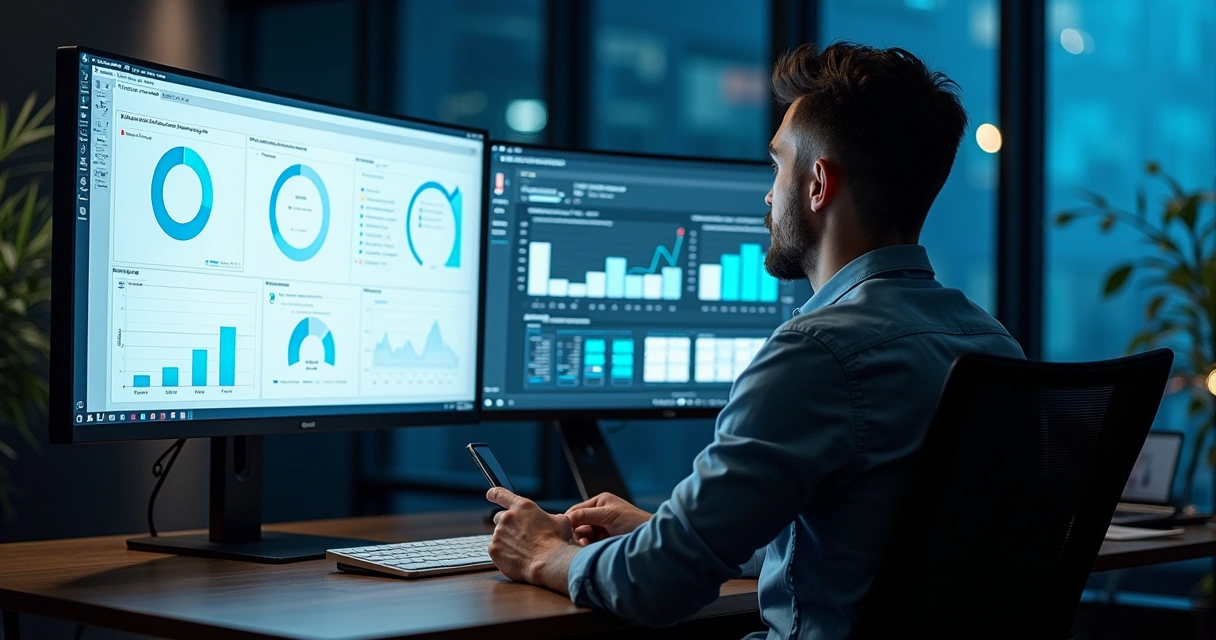 Pessoa analisando dados e estratégias de marketing digital em tela dividida