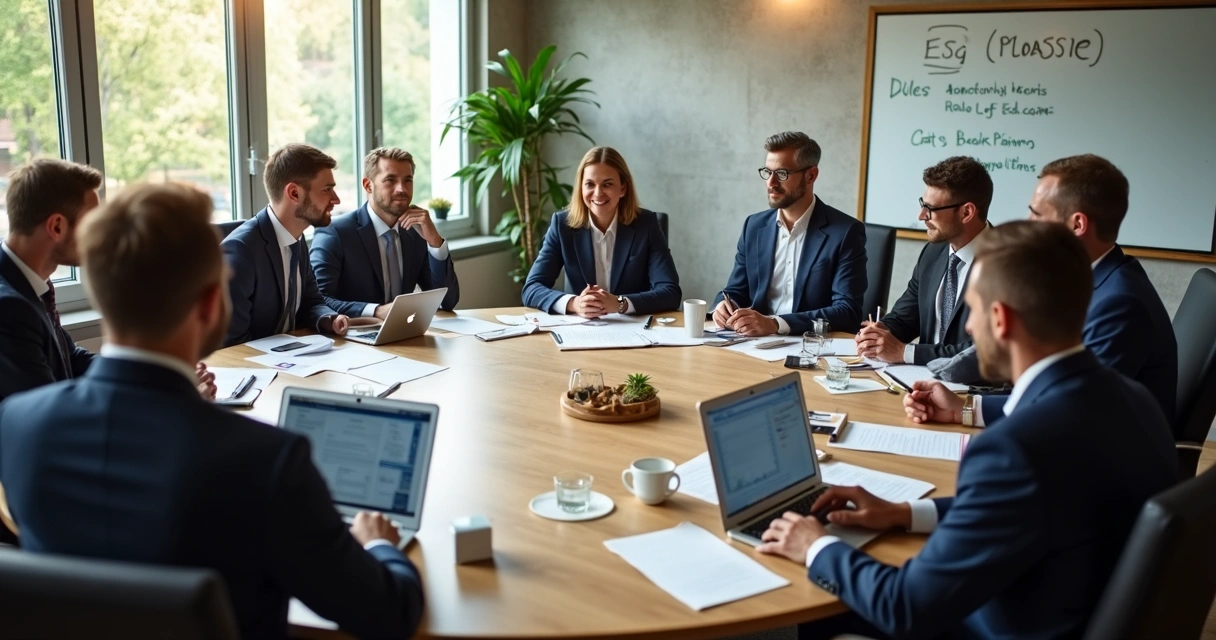 Grupo sentado em reunião ao redor de uma mesa, discutindo documentos de ESG 