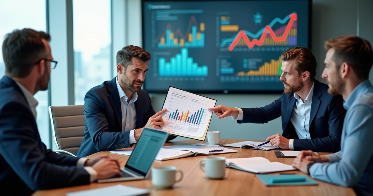 Mesa redonda com especialistas em vendas discutindo estratégias com gráficos ao fundo 