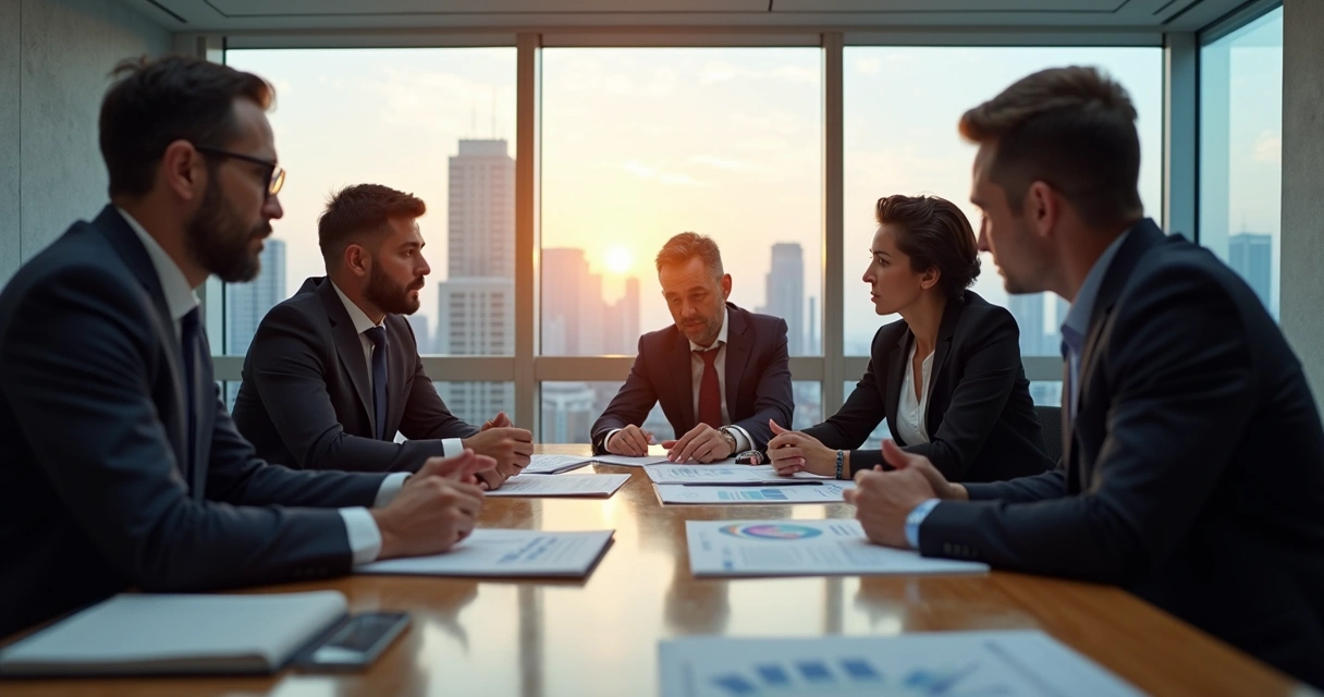 Reunião de executivos revisando documentos fiscais em sala moderna 