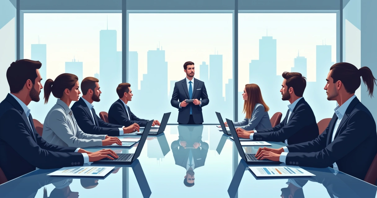 Conselho de administração reunido em grande mesa corporativa 