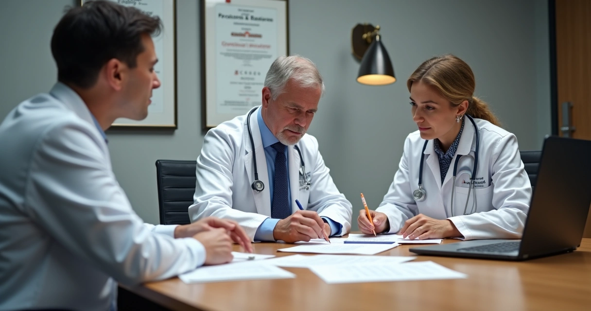 Médicos e advogados analisando documentos juntos em mesa de reunião 