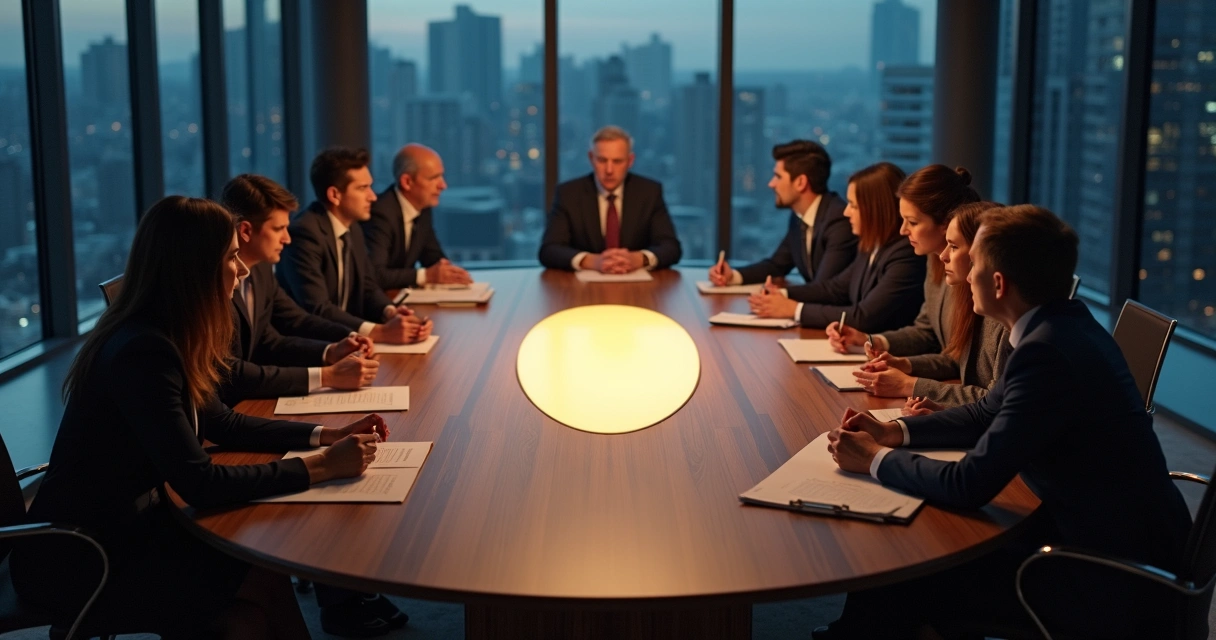 Mesa de conselho vista de cima com círculo de luz suave enfatizando segurança emocional. 