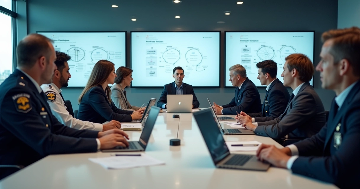 Reunião de profissionais de TI da Polícia Militar, discutindo em sala moderna com notebooks e quadros brancos ao fundo 