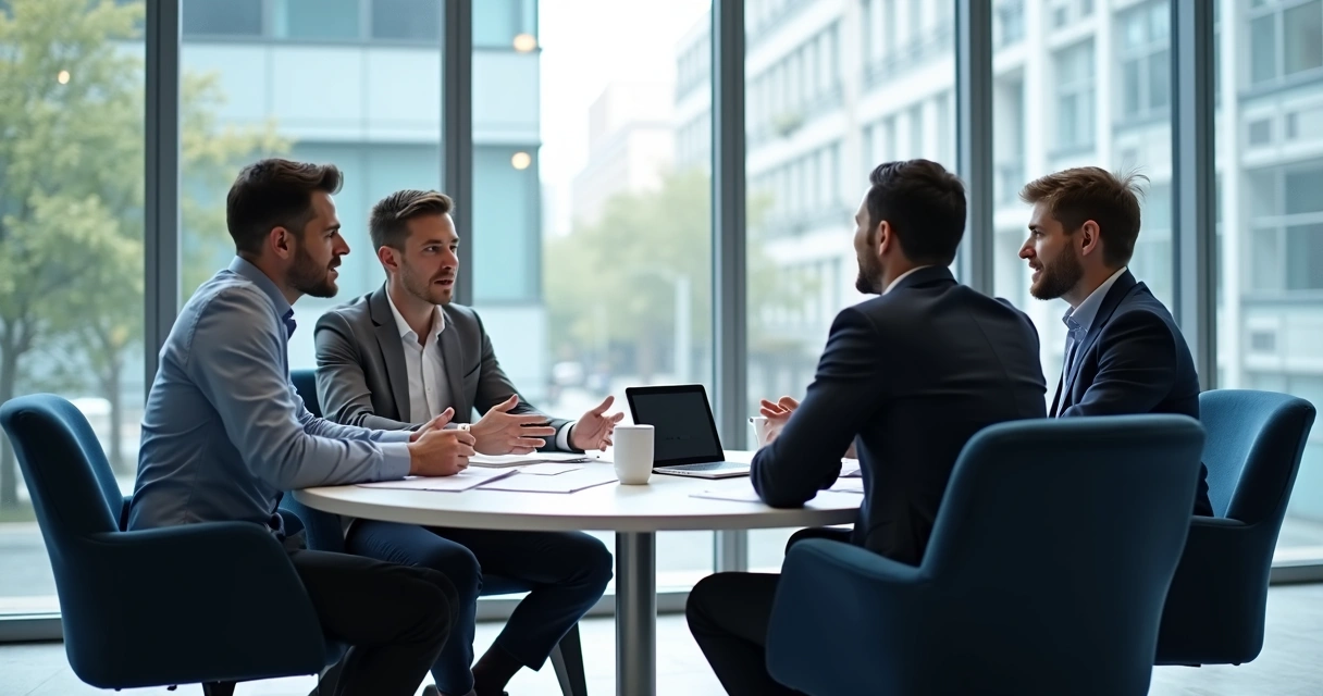 Conselho de vendas reunido em bancada especial discutindo estratégias