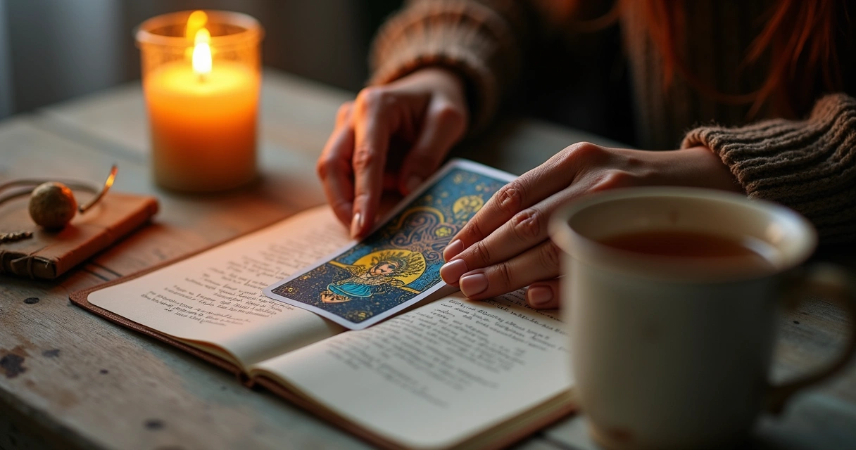 Pessoa segurando carta de tarot, com vela acesa ao fundo 