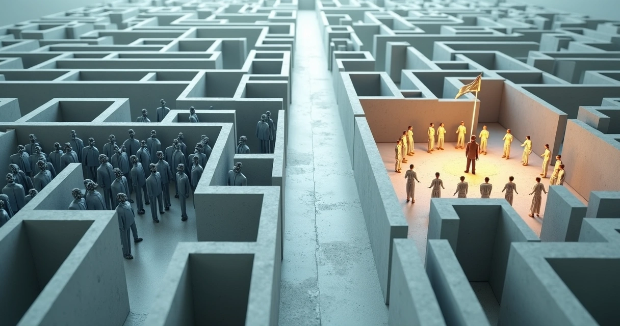 Overhead view of two contrasting human networks inside a maze 