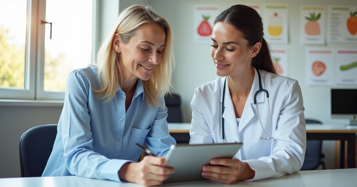 Paciente assinando digitalmente termo de consentimento com nutricionista ao lado 