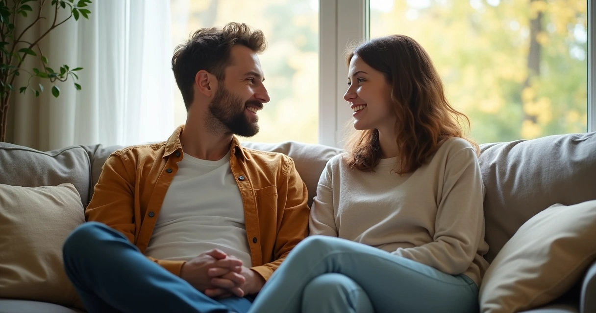 Casal sentado na sala conversando de forma aberta e tranquila, trocando olhares e gestos gentis 