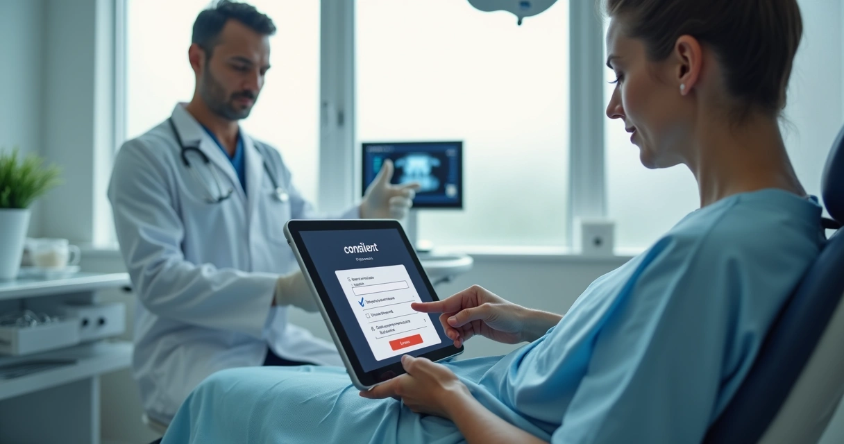 Dentista e paciente revisando consentimento digital em tablet após tratamento odontológico 