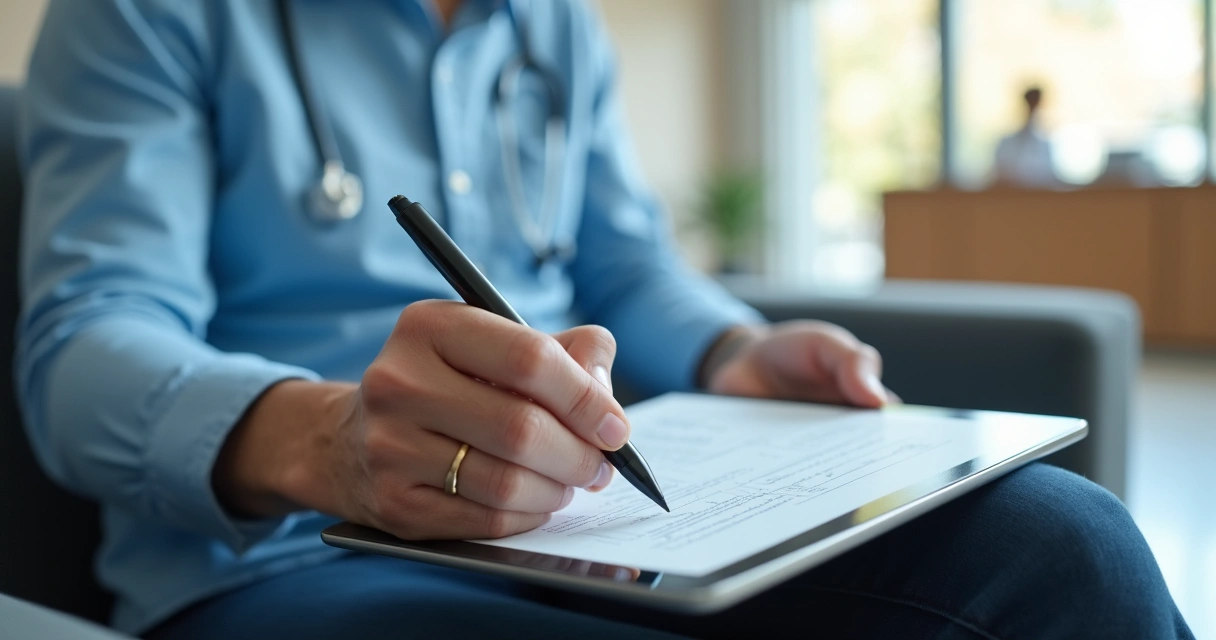 Paciente assina consentimento digital em tablet na recepção de uma clínica 