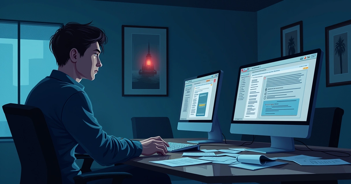 Ambiente de escritório sombrio após ataque cibernético, com empregado preocupado e telas de alerta.