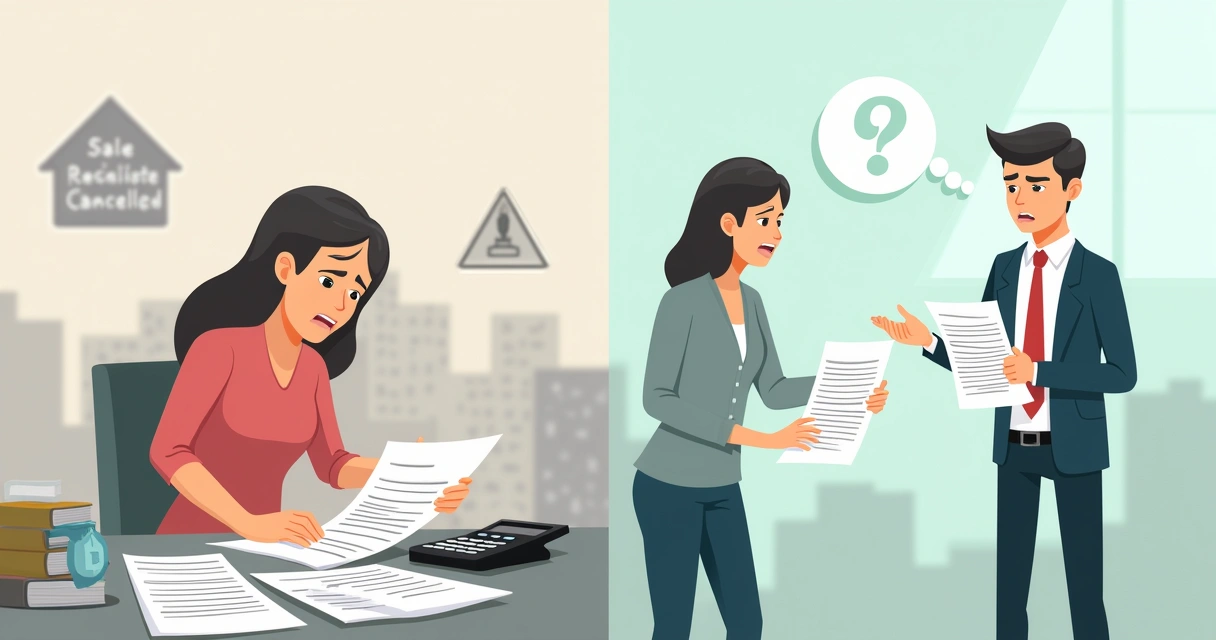 Ilustração sobre as consequências do distrato imobiliário, mostrando preocupação e alívio com advogados.