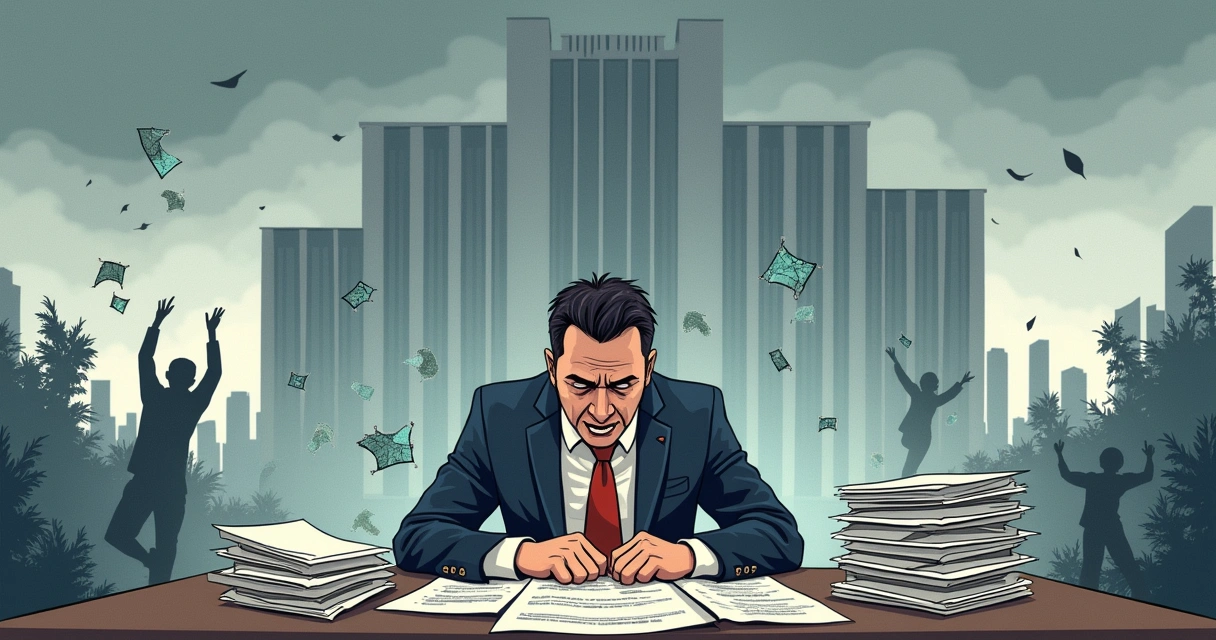 Ilustração do impacto negativo do innovation washing em uma empresa, com uma pessoa estressada rodeada de documentos e desilusão.