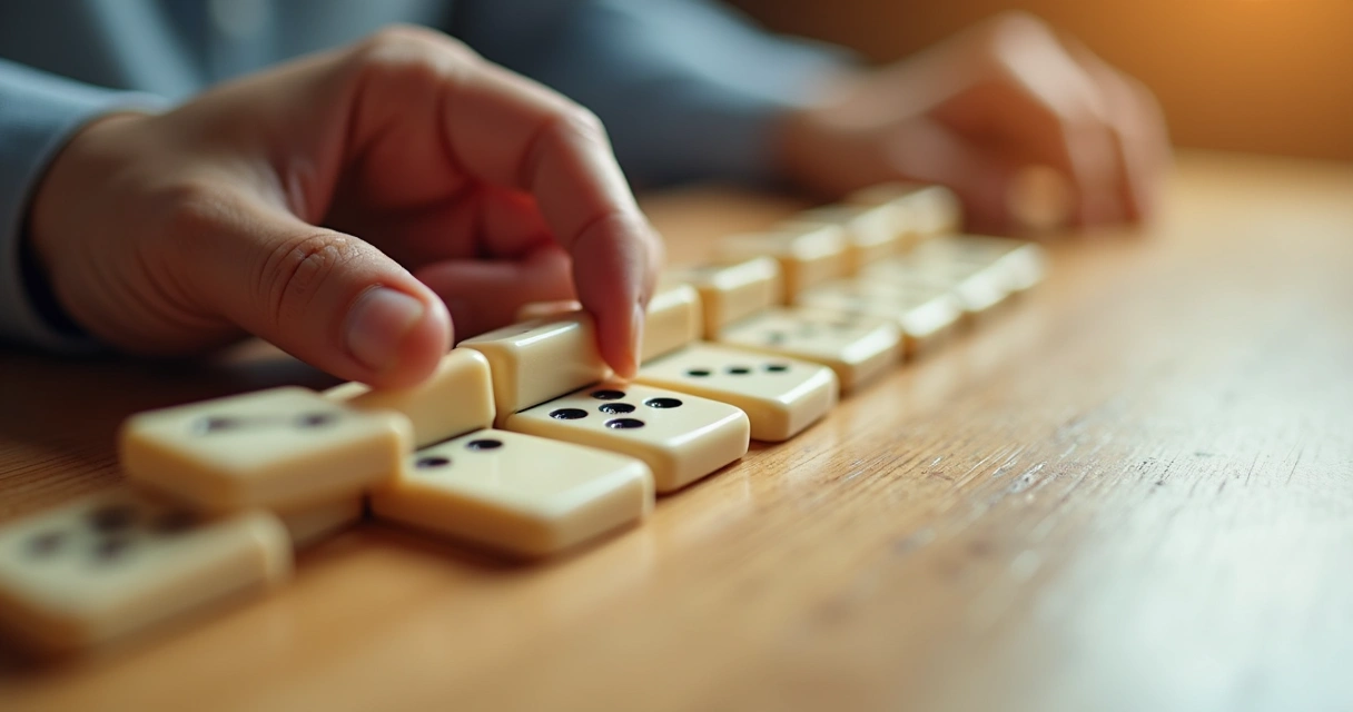 Mãos colocando peças de dominó em fileira simbolizando efeito futuro. 