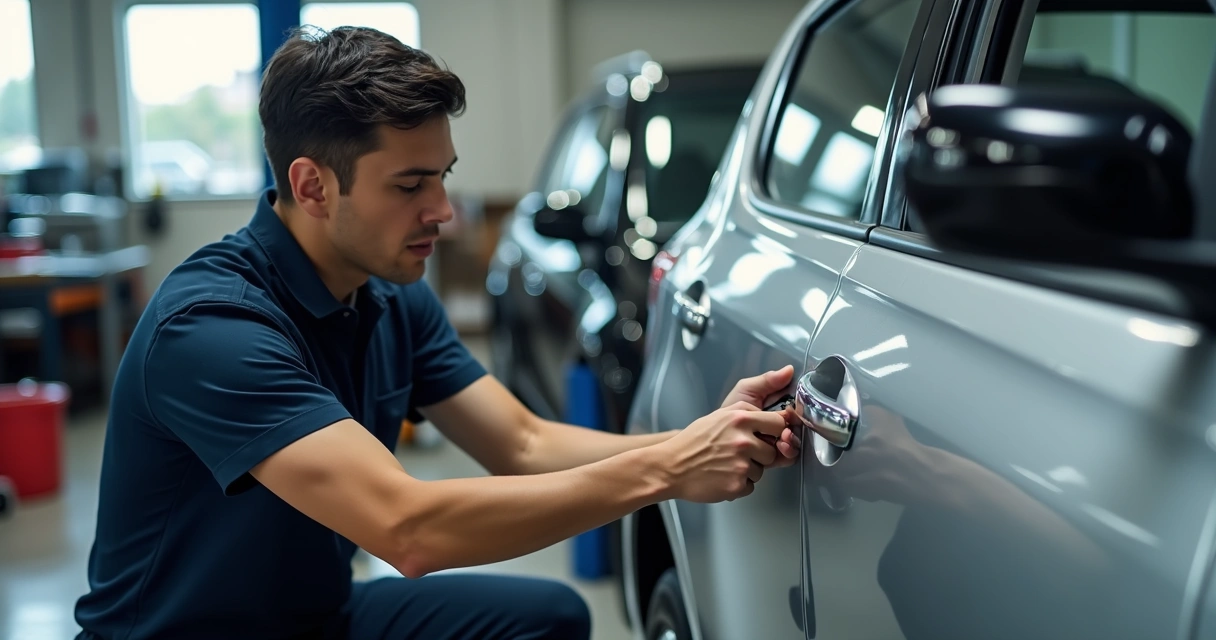 Lanterneiro recuperando amassado em painel de carro 
