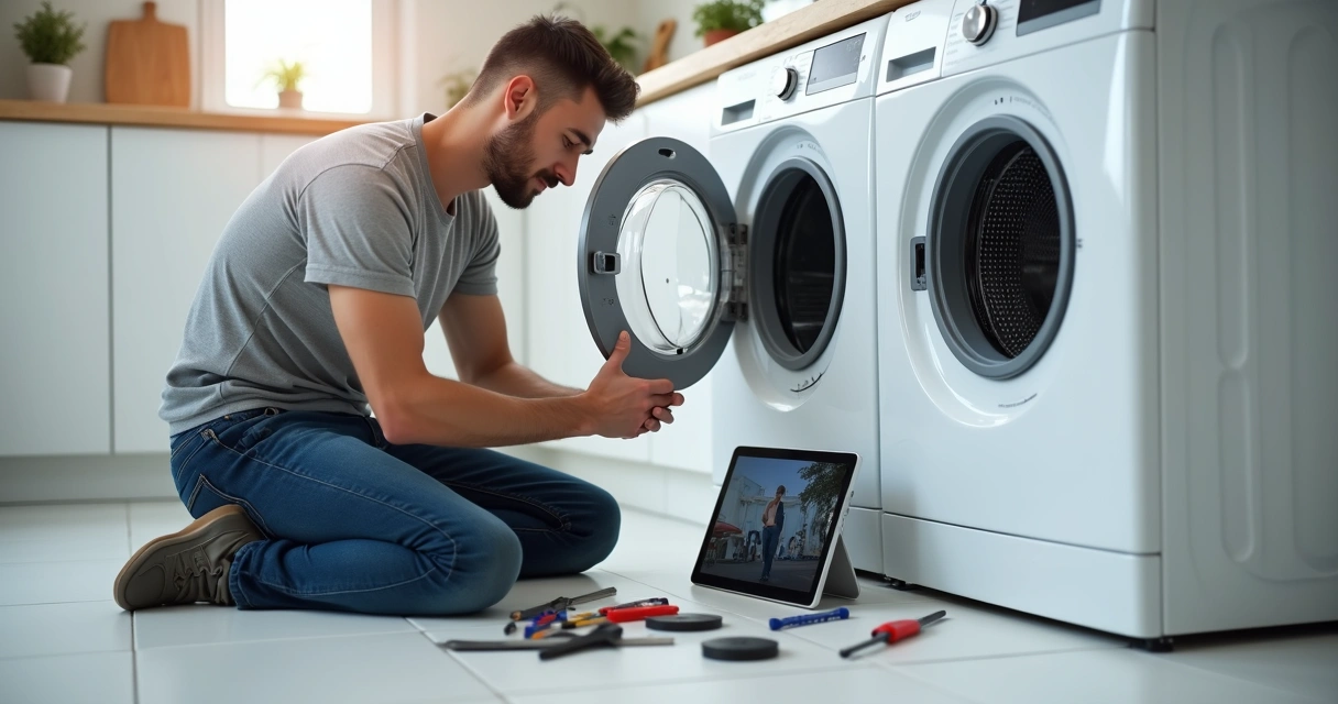 Homem trabalha em máquina de lavar aberta, com ferramentas e tablet ao lado. 