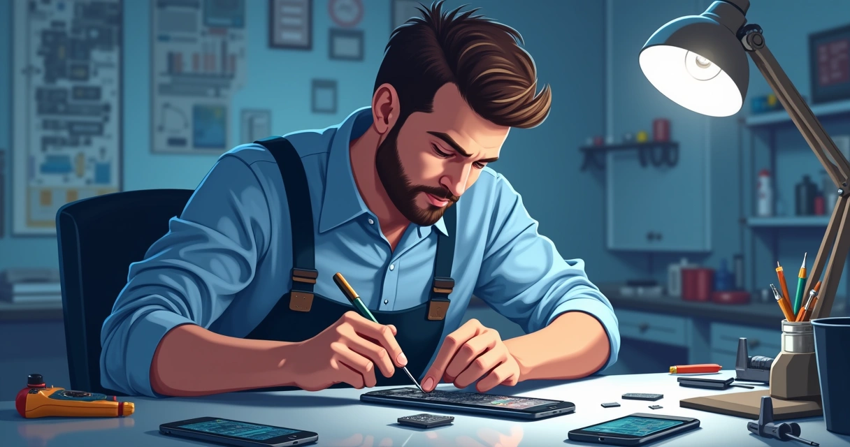 Técnico consertando celular na bancada 