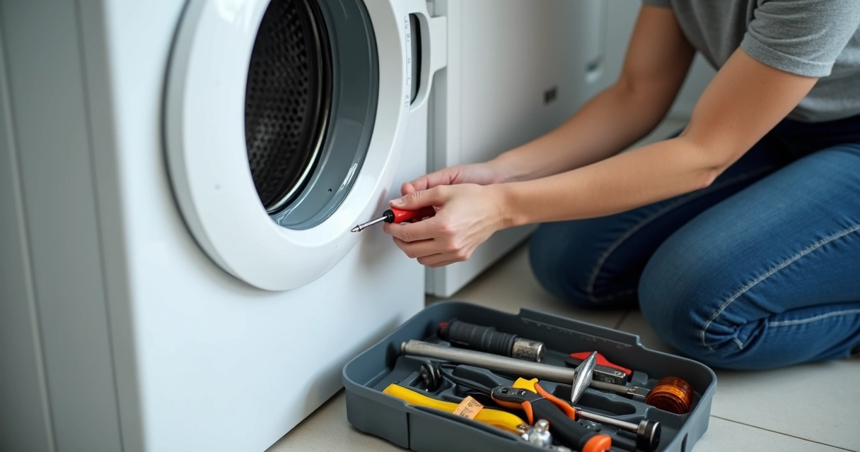 Pessoa ajustando máquina de lavar e ferramentas básicas ao lado 