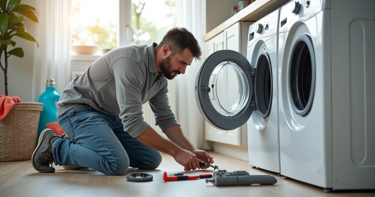 Homem consertando máquina de lavar com ferramentas domésticas 