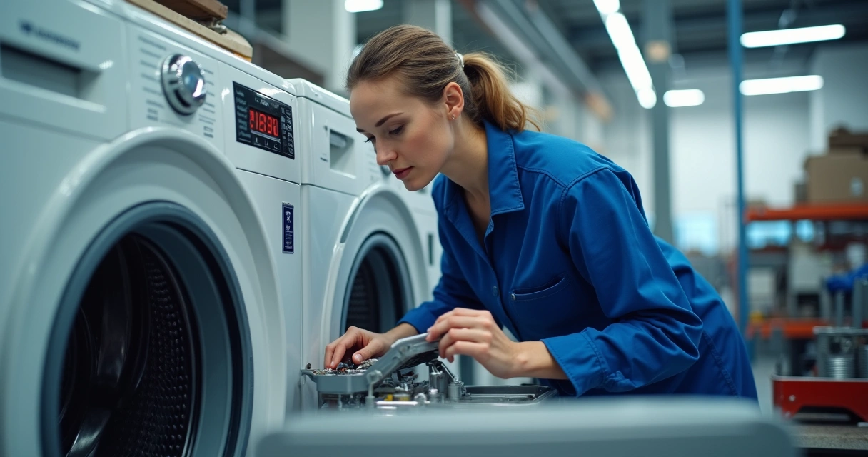 Técnico arrumando máquina de lavar roupa aberta 