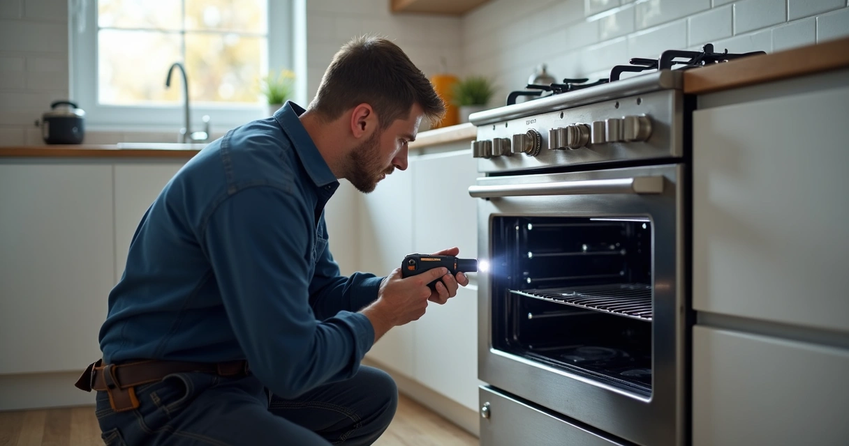 Técnico fazendo inspeção detalhada em fogão residencial 