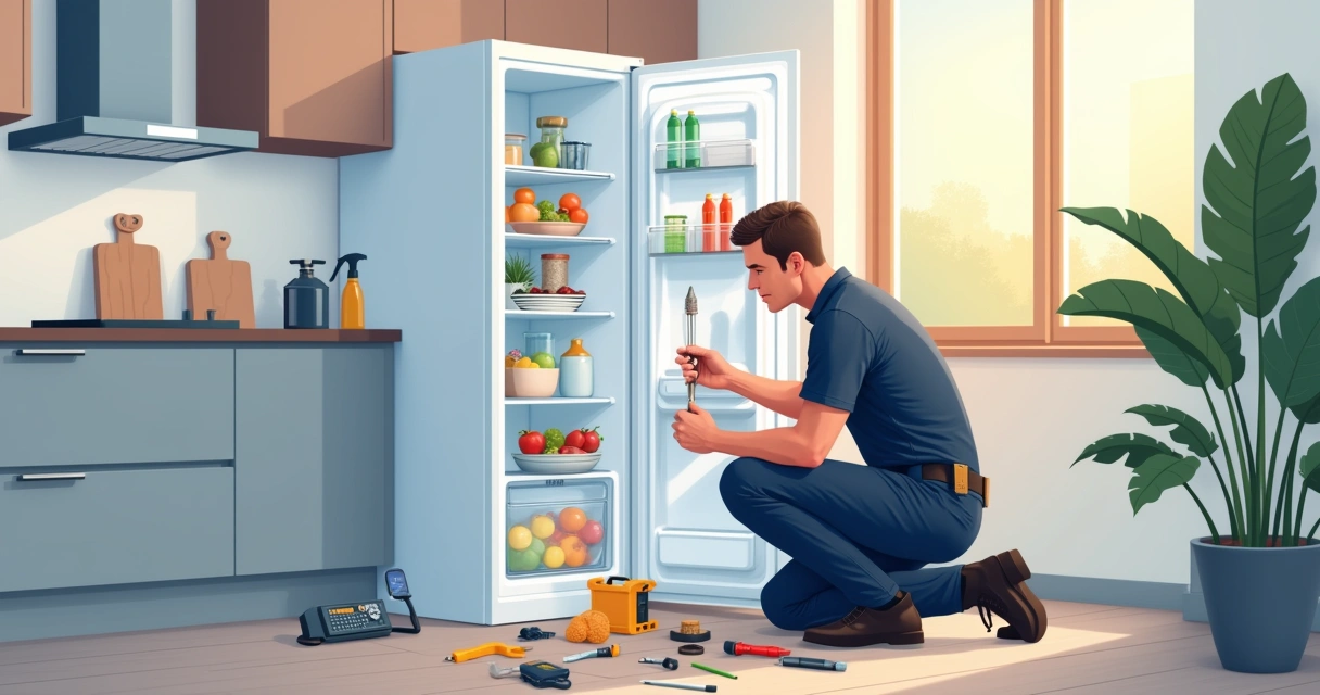 Técnico arrumando geladeira residencial 