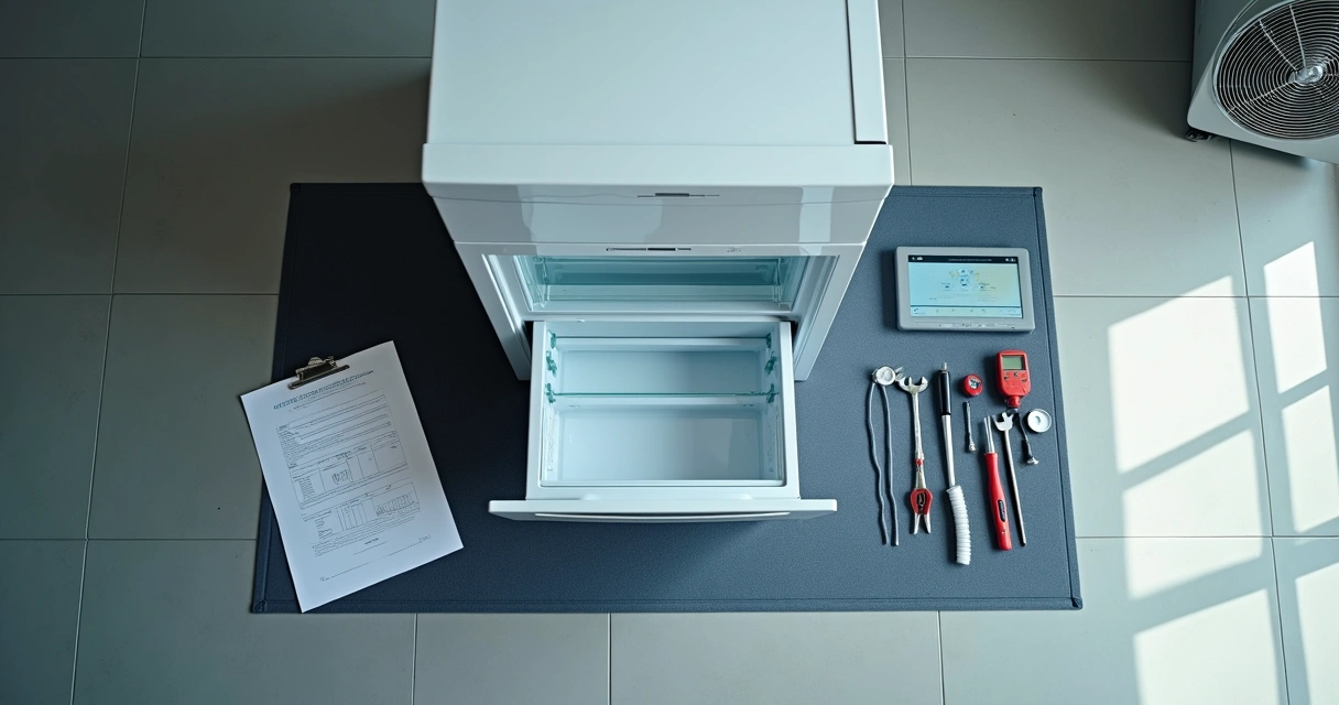 Vista aérea de geladeira aberta desmontada em piso com ferramentas de manutenção em volta 