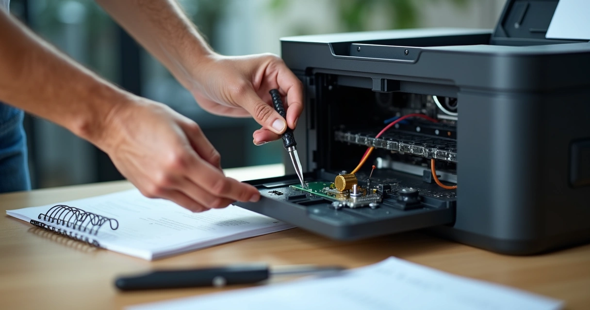 Técnico consertando impressora em mesa branca 