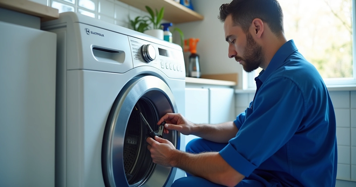 Técnico ajustando uma lavadora Electrolux em uma lavanderia residencial 