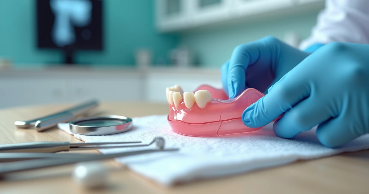 Dentista analisando prótese flexível quebrada sobre bancada clara 