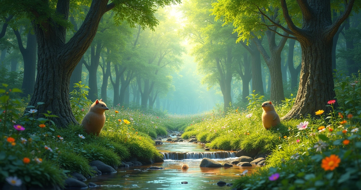 Floresta exuberante com riacho e animais em harmonia 