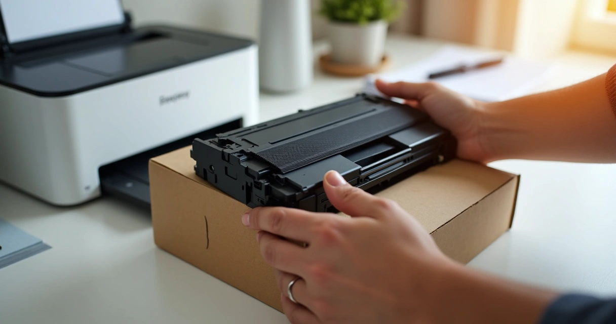 Cartucho de toner sendo armazenado corretamente em mesa de escritório organizada 