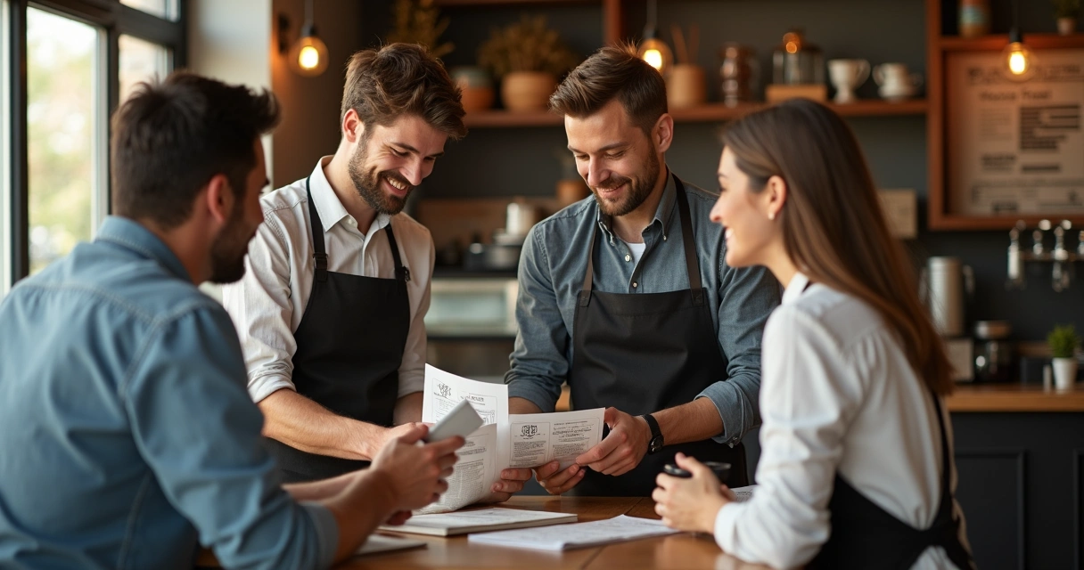 Local business staff reviewing comparison guides with customers