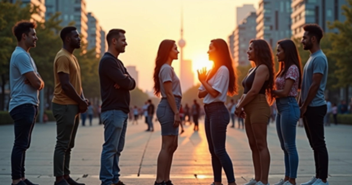 Grupo diverso em cidade iluminada conectado por linhas de luz representando consciência coletiva e saúde mental 