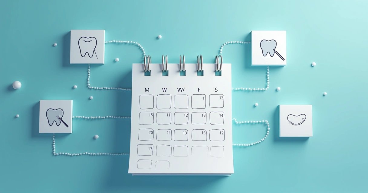 Calendário digital com postagens frequentes e ícones de temas odontológicos conectando-se