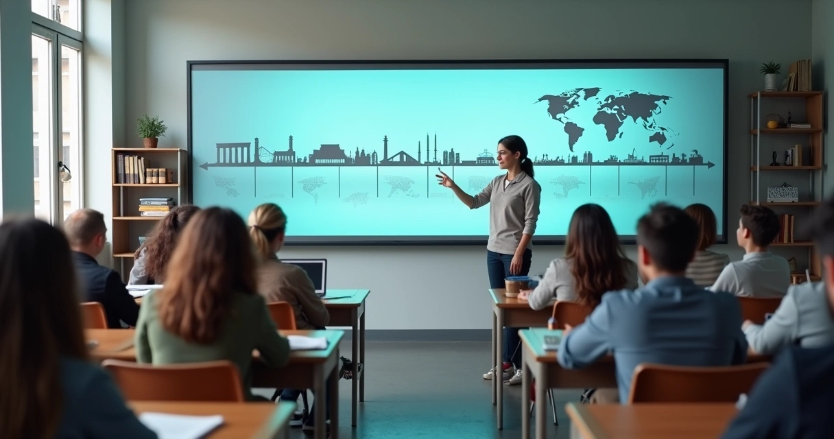 Professor em sala de aula com linha do tempo histórica projetada ao fundo 