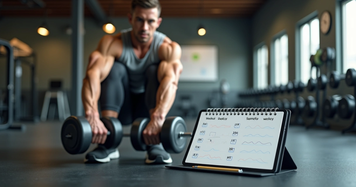 Pessoa treinando musculação com foco enquanto olha checklist de treinos semanais 