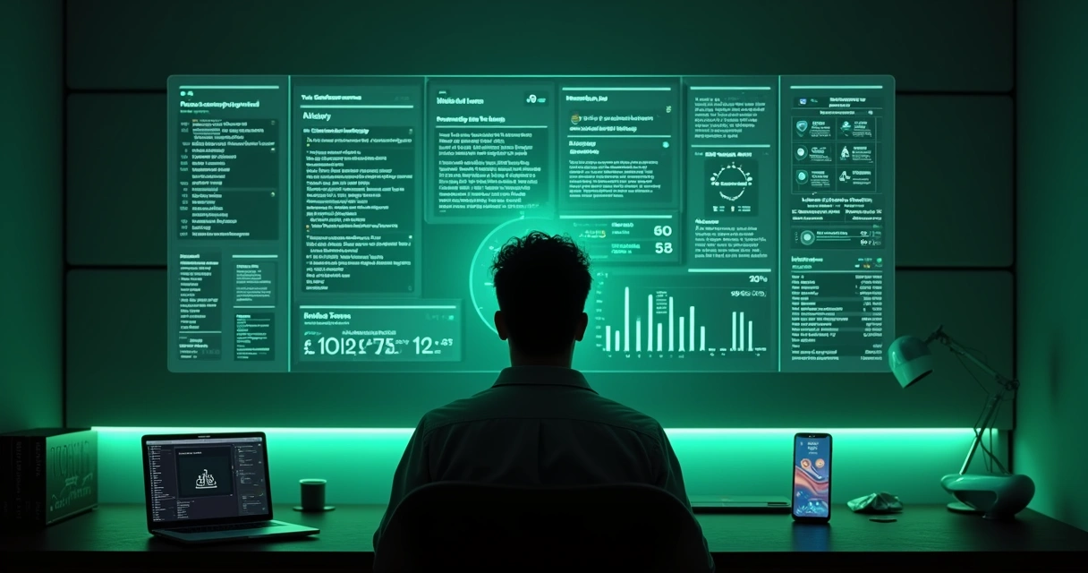 Painel de IA em tela flutuante organizando mensagens de grupo do WhatsApp 