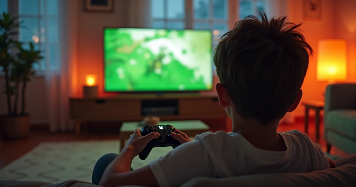 Criança jogando Xbox em um console na sala 
