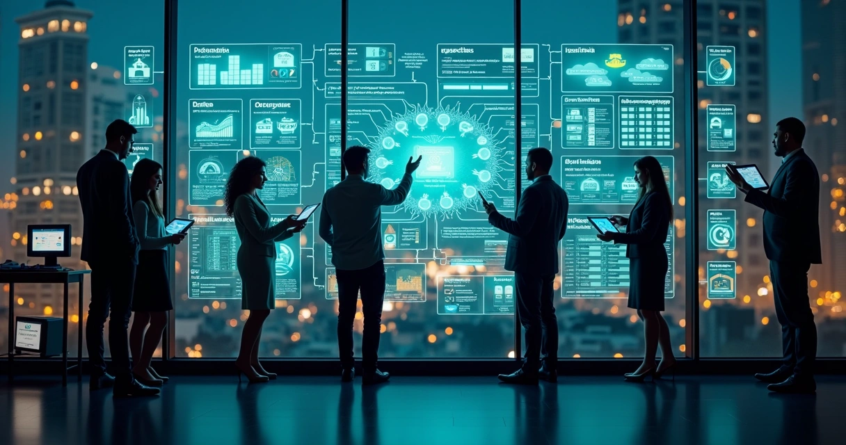 Arquitetura de conciliação bancária automática exibida em parede de vidro com dados e fluxos financeiros 