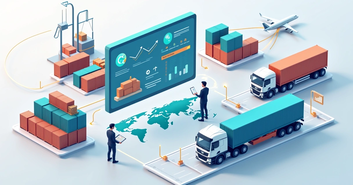 Painel 3D mostrando agente de cargas gerenciando consolidação de cargas em armazém moderno 